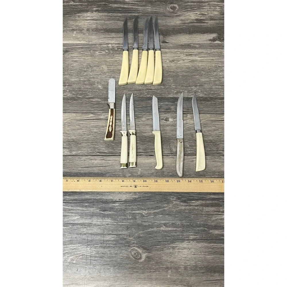 Vintage Mixed Knife Lot 11pc Korium Quikut Regent Sheffield Faux Bone Stag Style